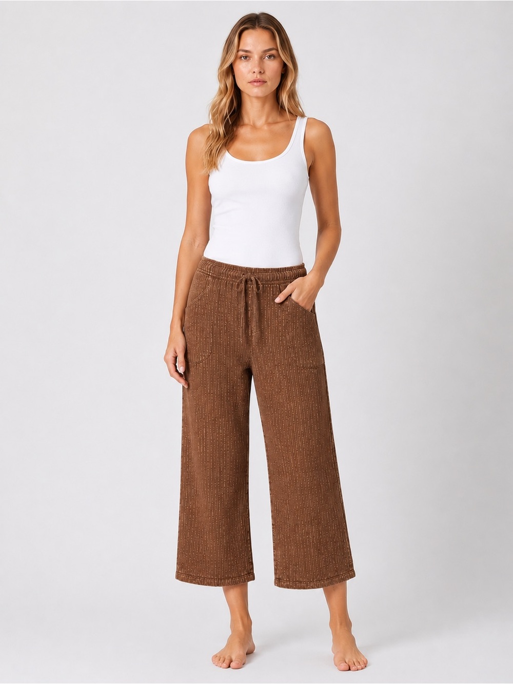 Michael Leu Pants 100% Cotton Brown Textured Crop Wide Leg Corduroy Vintage USA